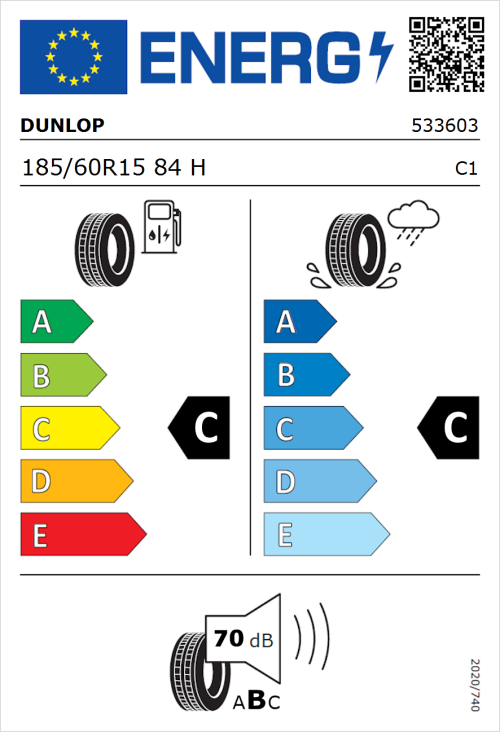 Tyre Label for Dunlop Enasave 2030 185/60R15 84H