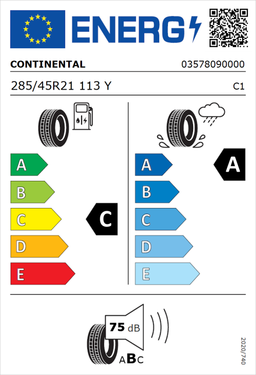 Tyre Label for Continental SportContact 6 ContiSilent 285/45R21 113Y
