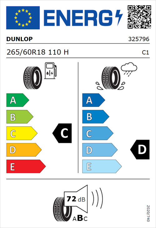 Tyre Label for Dunlop Grandtrek AT22 265/60R18 110H