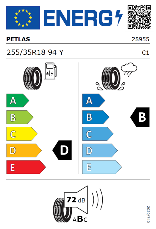 Tyre Label for Petlas Velox Sport PT741 255/35R18 94Y