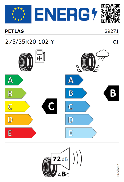 Tyre Label for Petlas Velox Sport PT741 275/35R20 102Y