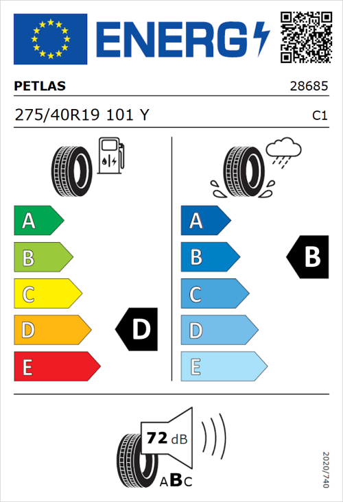 Tyre Label for Petlas Velox Sport PT741 275/40R19 101Y